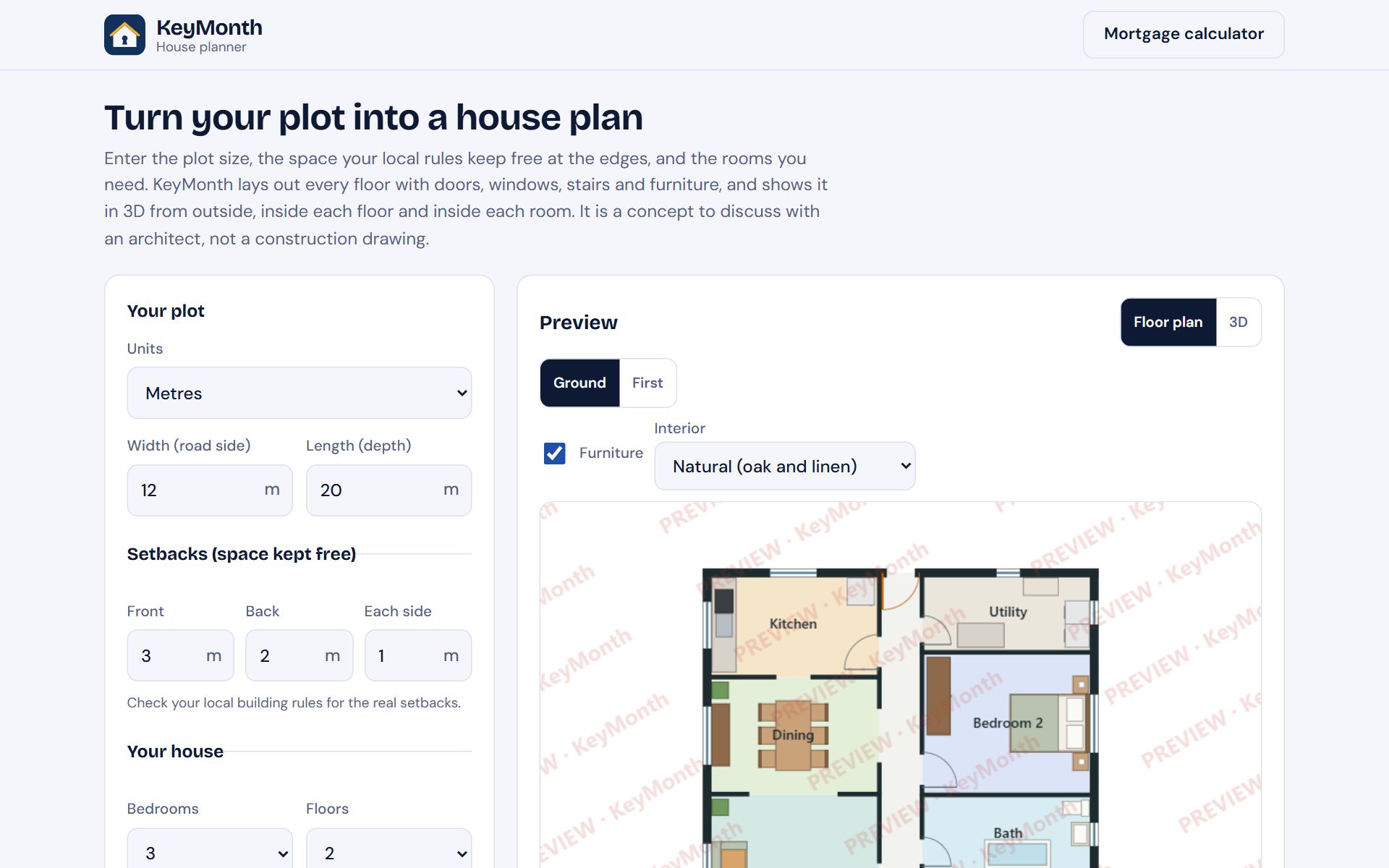 KeyMonth house planner with plot inputs and a furnished ground-floor plan showing kitchen, dining, bedroom and bath.